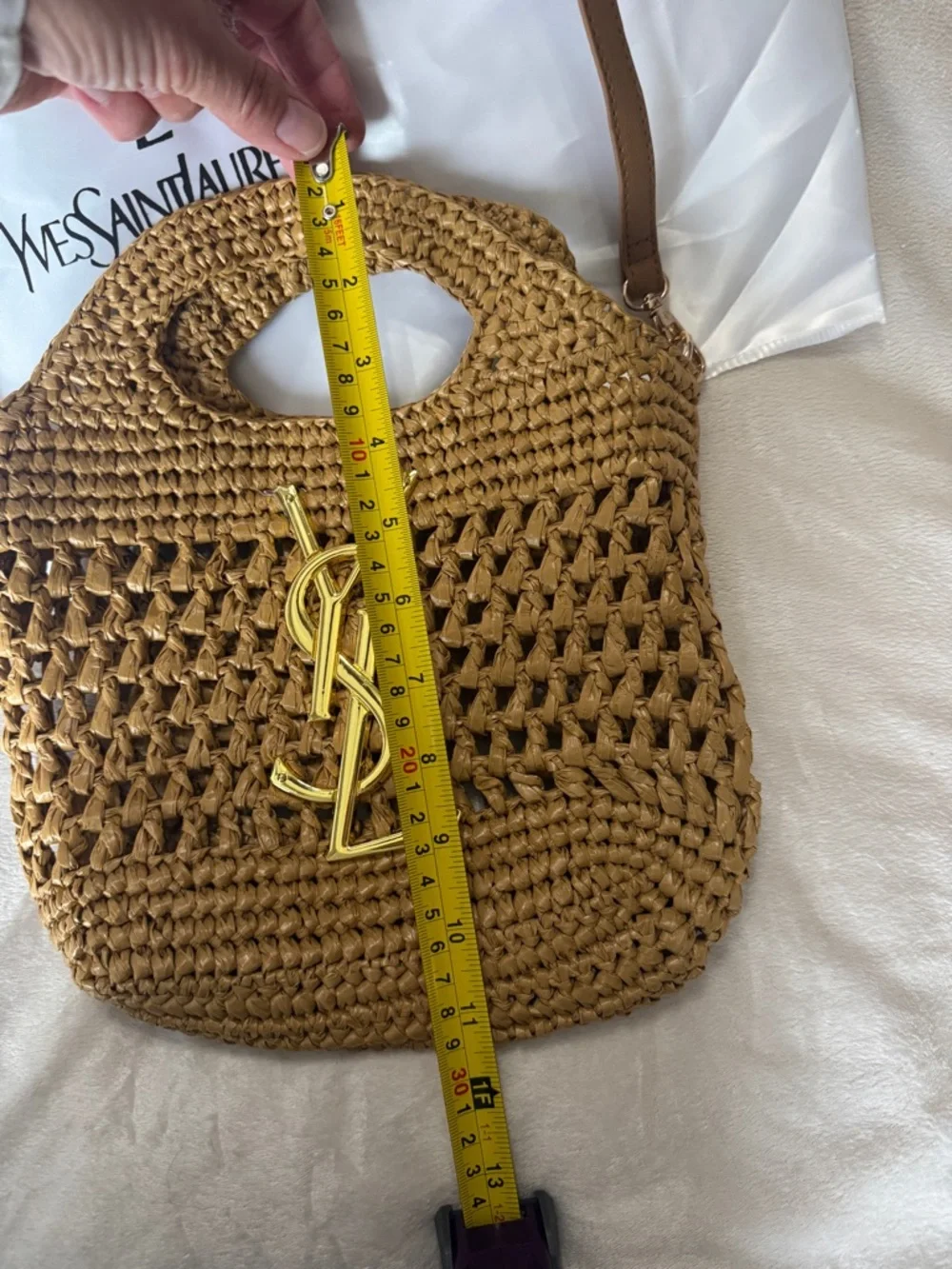 Yves Saint Laurent Tan Woven Raffia Crossbody with Gold YSL Emblem - Picture 8 of 8